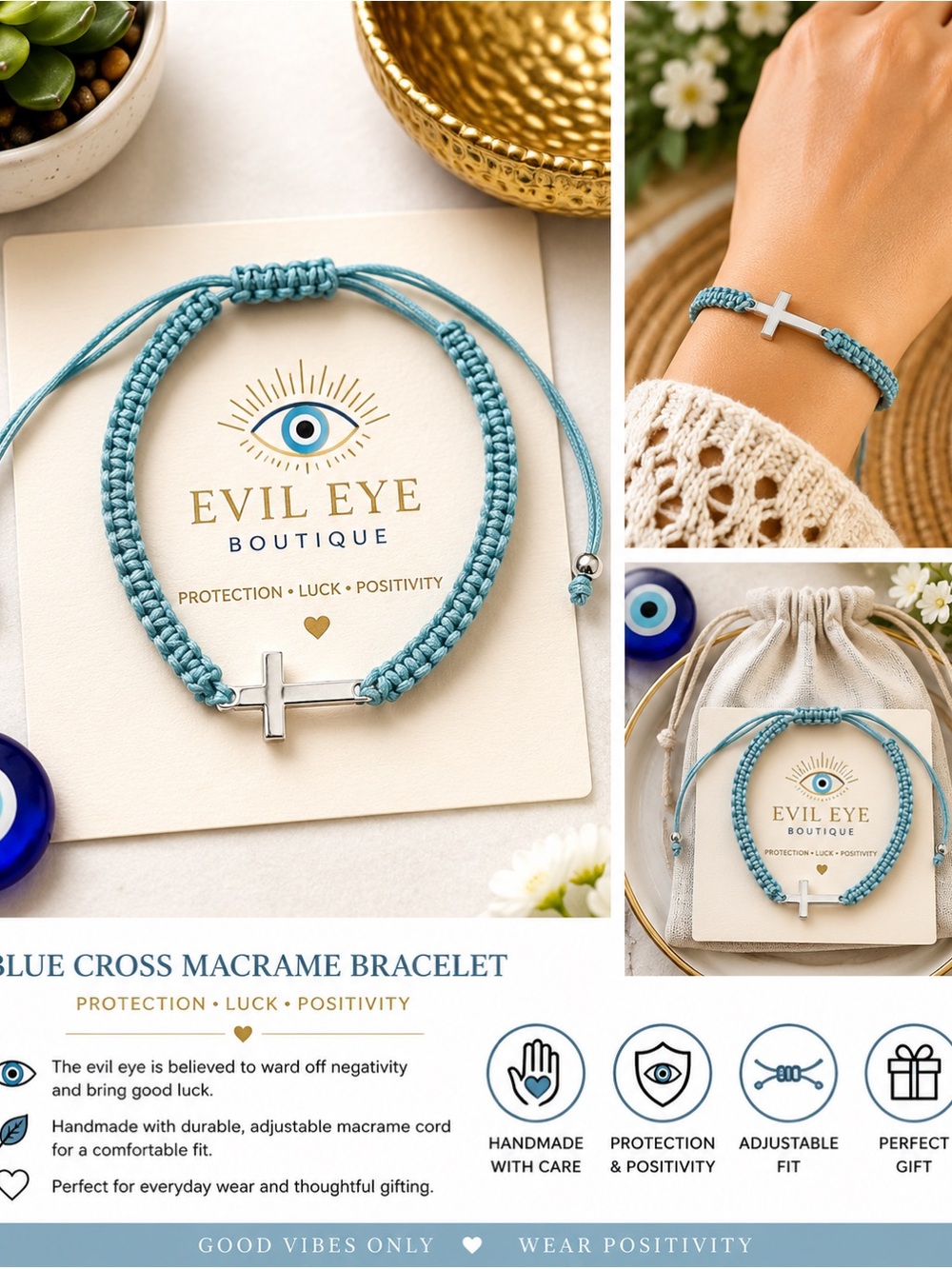 Evil Eye Boutique Blue Cross Macramé Bracelet